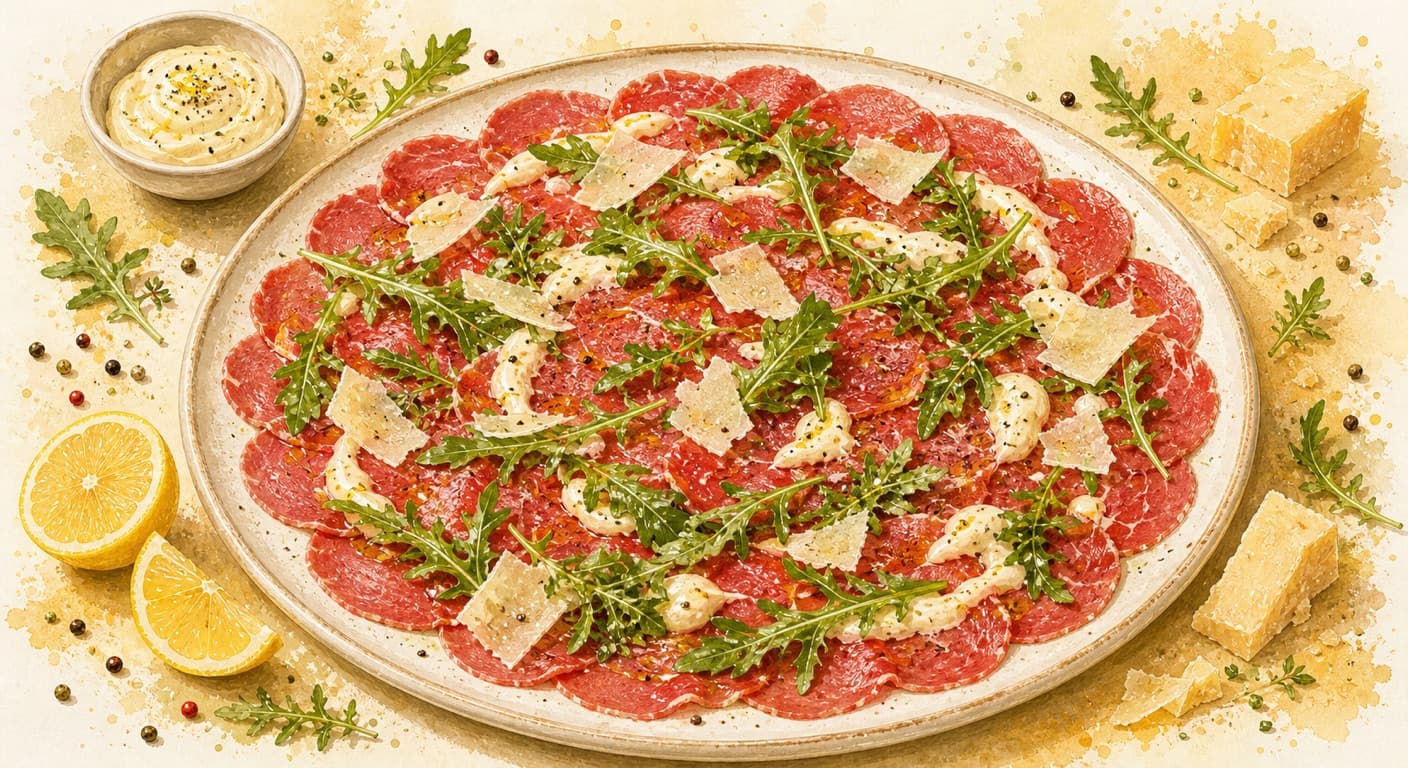 Hovězí carpaccio citronovou majonézou, rukola, parmezán z nabídky Předkrmy a saláty od Fudík catering