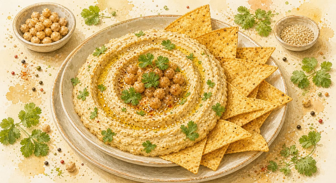 Хумус із нуту з коріандром і тортилья-чипсами з меню Закуски й салати від Fudík catering