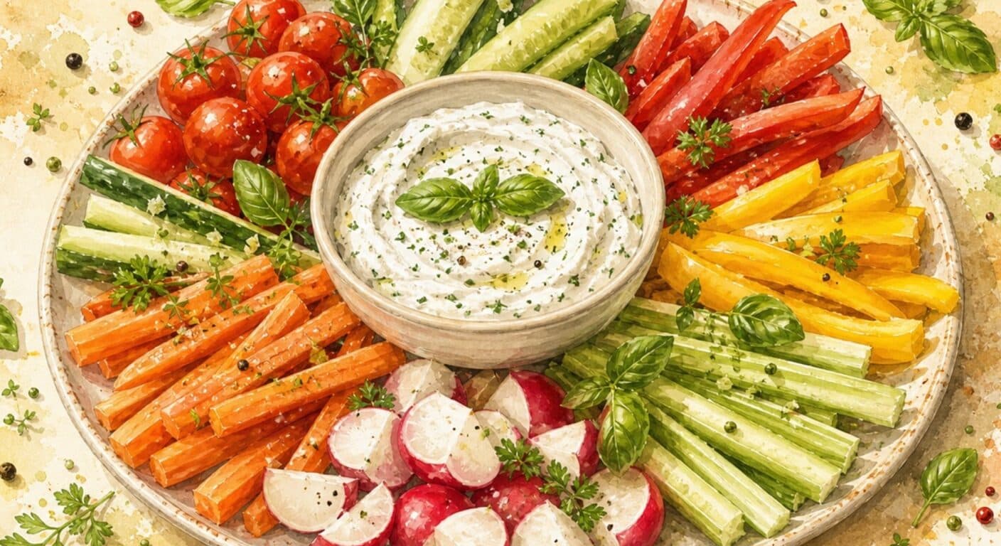 Vegetable crudité with basil sour cream dip from the Vegetarian menu by Fudík catering 2