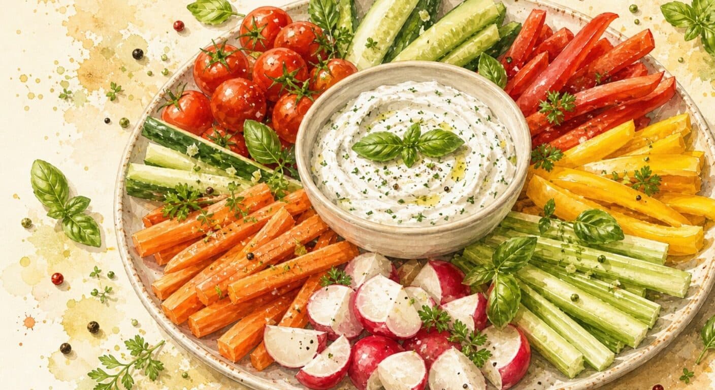 Vegetable crudité with basil sour cream dip from the Vegetarian menu by Fudík catering 3