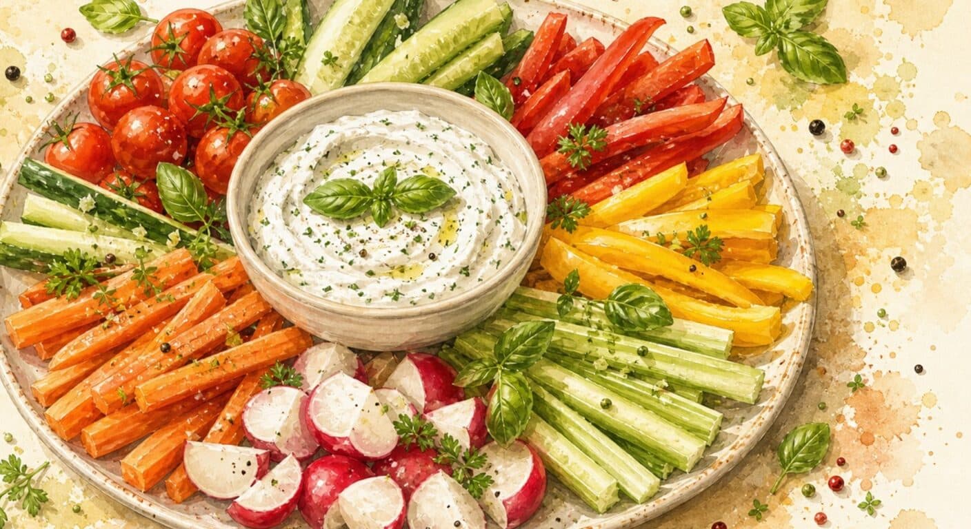 Vegetable crudité with basil sour cream dip from the Vegetarian menu by Fudík catering 4