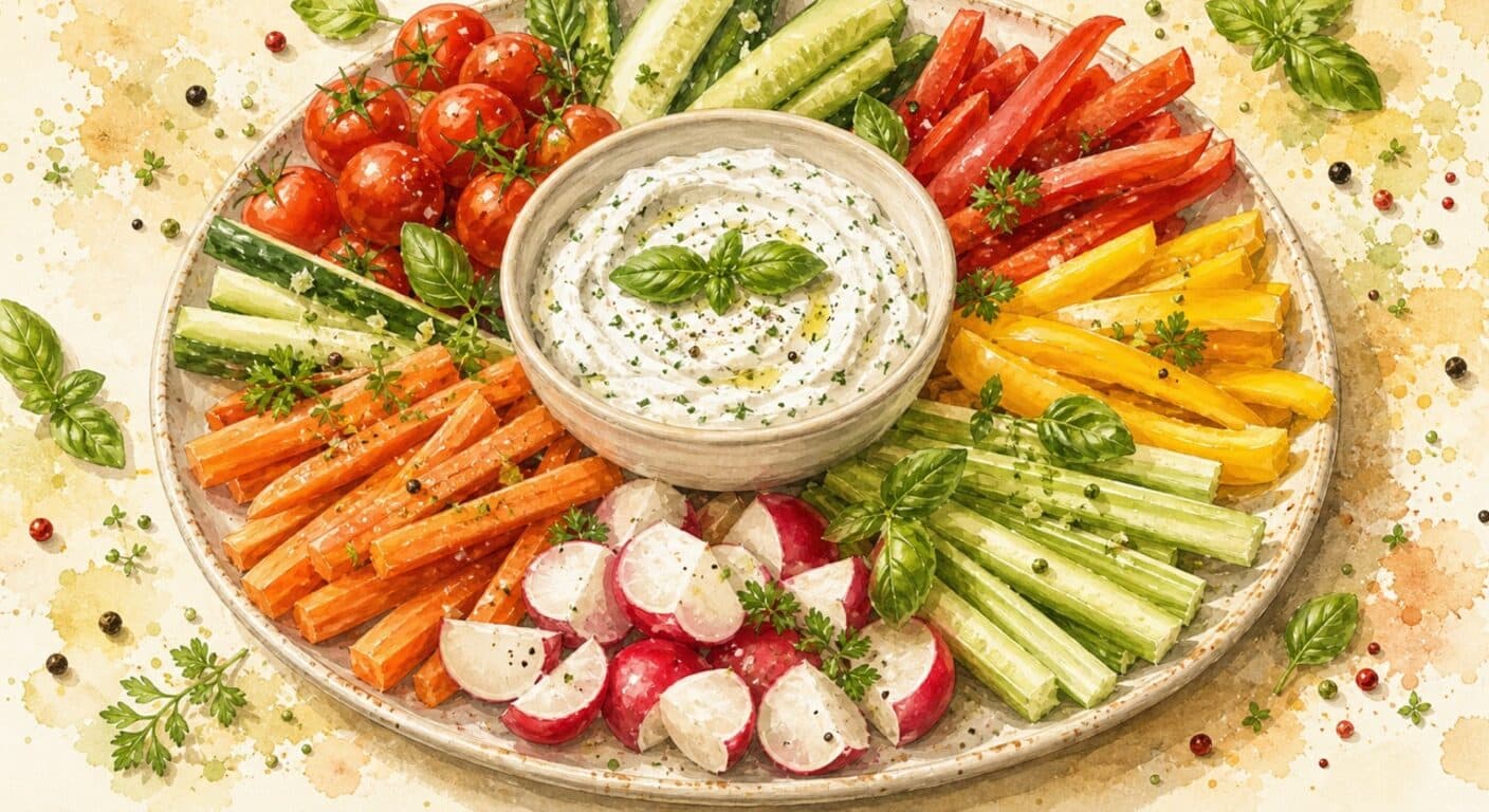 Vegetable crudité with basil sour cream dip from the Vegetarian menu by Fudík catering 5
