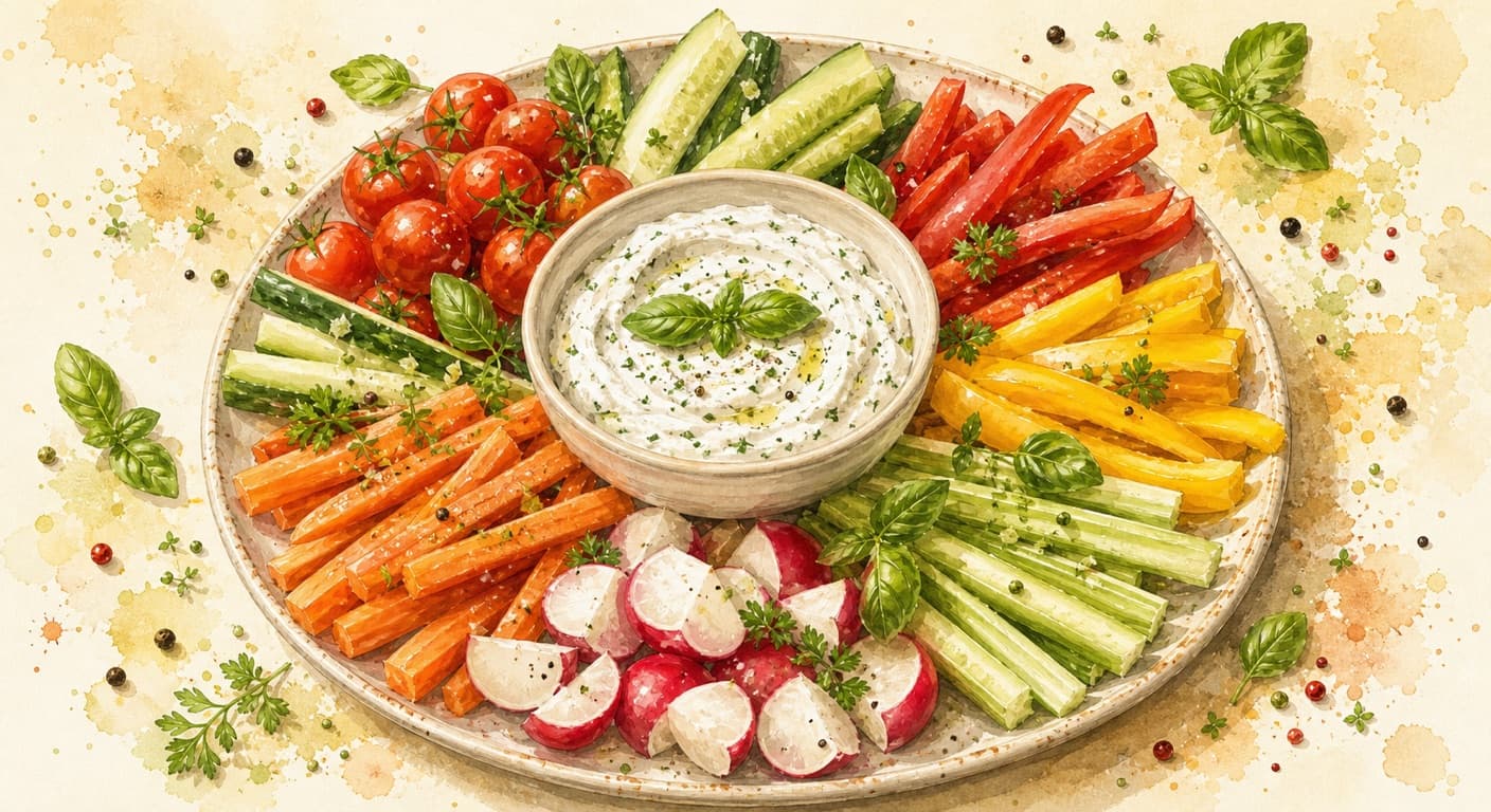 Vegetable crudité with basil sour cream dip from the Vegetarian menu by Fudík catering