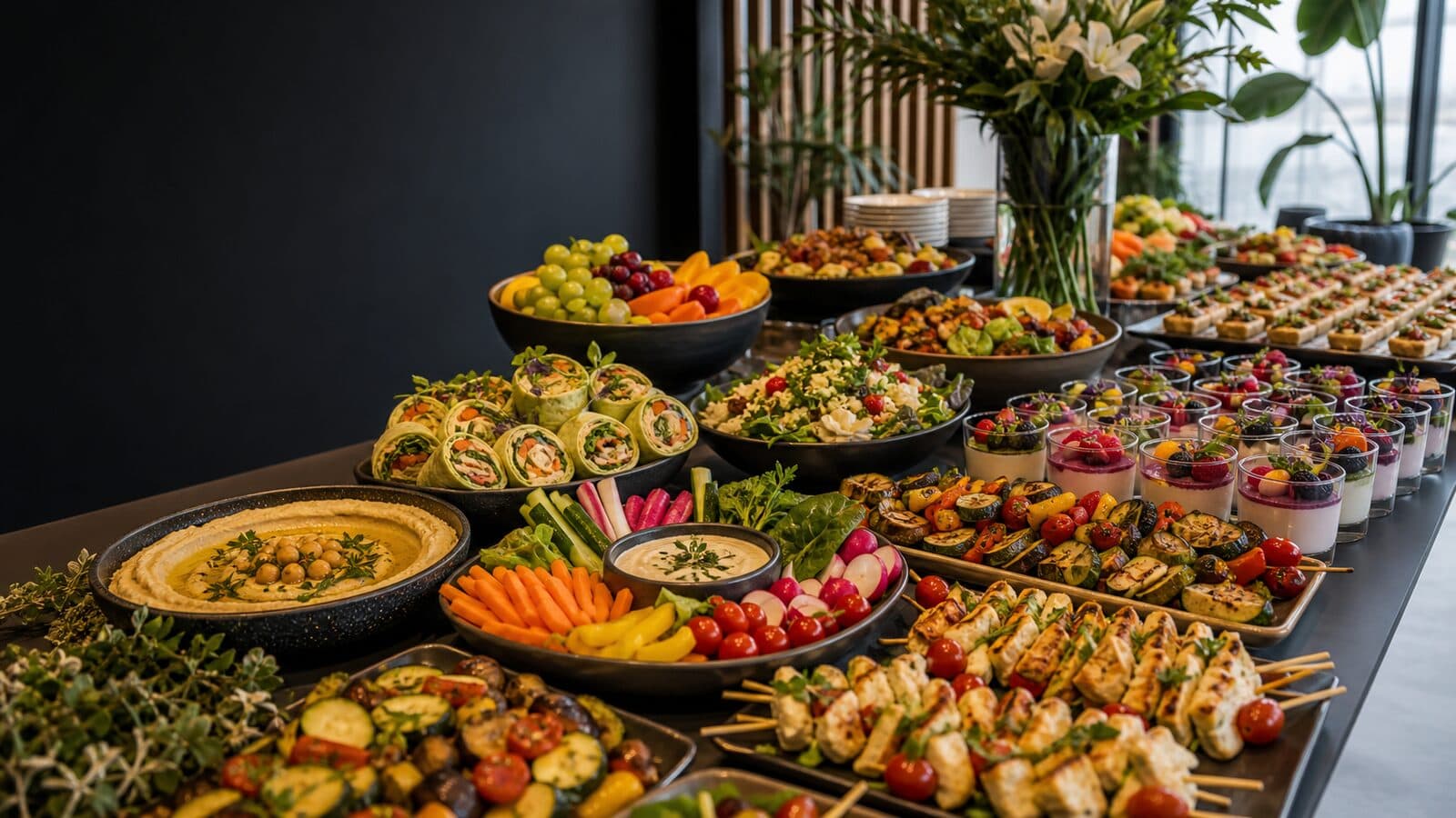 Vegetarian buffet with salads and grilled vegetables